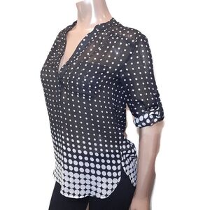 Rickis Sheer Ombre Polka Dot Blouse Roll Tab Sleeves Button Front Size 4 Black